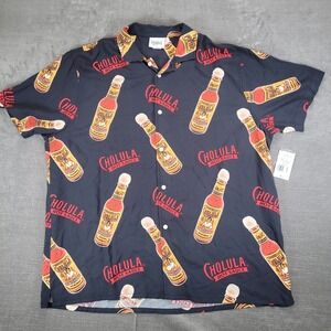 Cholula Hot Sauce Hawaiian Shirt Button Up Black Rayon Men's XL New